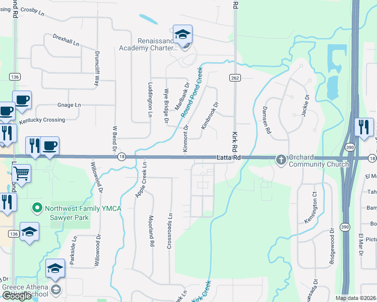 map of restaurants, bars, coffee shops, grocery stores, and more near 25 Kinmont Drive in Rochester
