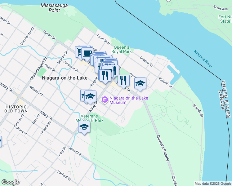 map of restaurants, bars, coffee shops, grocery stores, and more near 228 King Street in Niagara-on-the-Lake