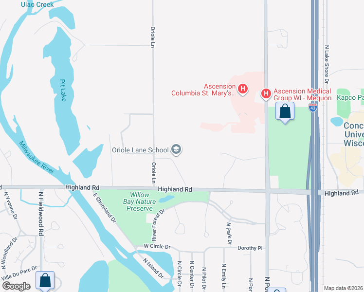 map of restaurants, bars, coffee shops, grocery stores, and more near 12850 Oriole Lane in Mequon