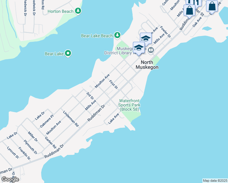 map of restaurants, bars, coffee shops, grocery stores, and more near 1114 Ruddiman Drive in North Muskegon