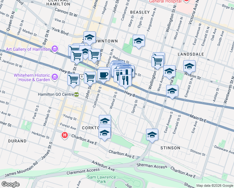 map of restaurants, bars, coffee shops, grocery stores, and more near 49 Walnut Street South in Hamilton