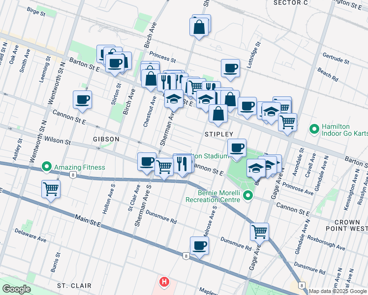 map of restaurants, bars, coffee shops, grocery stores, and more near 20 Rosemont Avenue in Hamilton