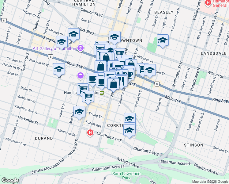 map of restaurants, bars, coffee shops, grocery stores, and more near 12-74 John Street South in Hamilton