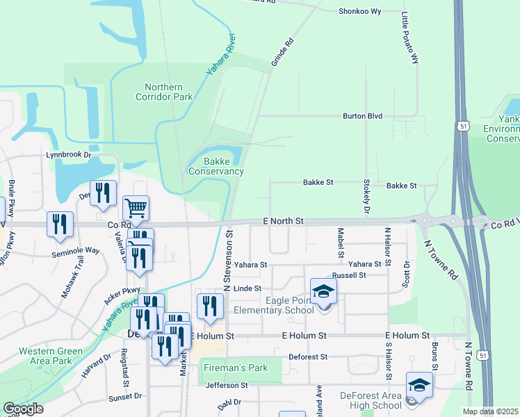 map of restaurants, bars, coffee shops, grocery stores, and more near 504 Bassett Street in DeForest