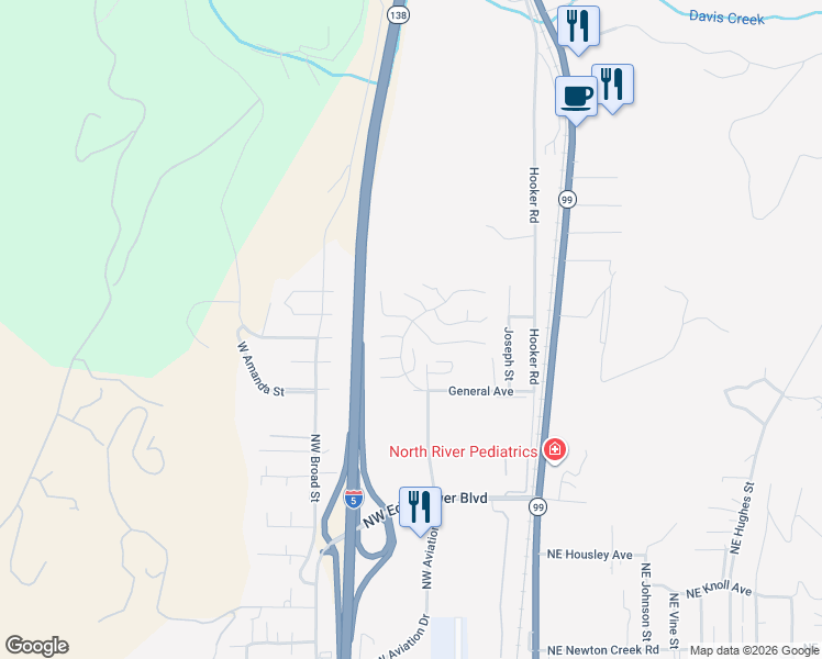 map of restaurants, bars, coffee shops, grocery stores, and more near 602 Shadow Ranch Lane in Roseburg