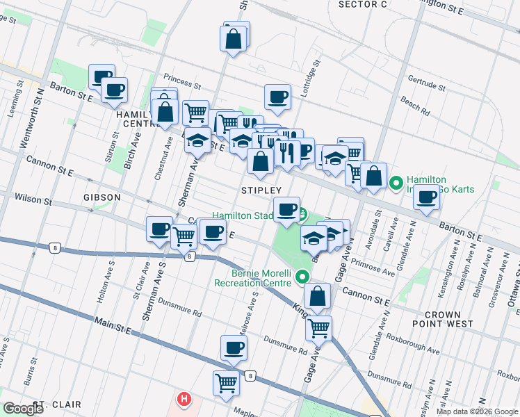 map of restaurants, bars, coffee shops, grocery stores, and more near in Hamilton