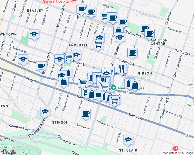 map of restaurants, bars, coffee shops, grocery stores, and more near 31 Ashley Street in Hamilton