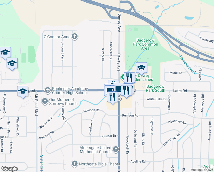 map of restaurants, bars, coffee shops, grocery stores, and more near 75 Fawn Hill Road in Rochester