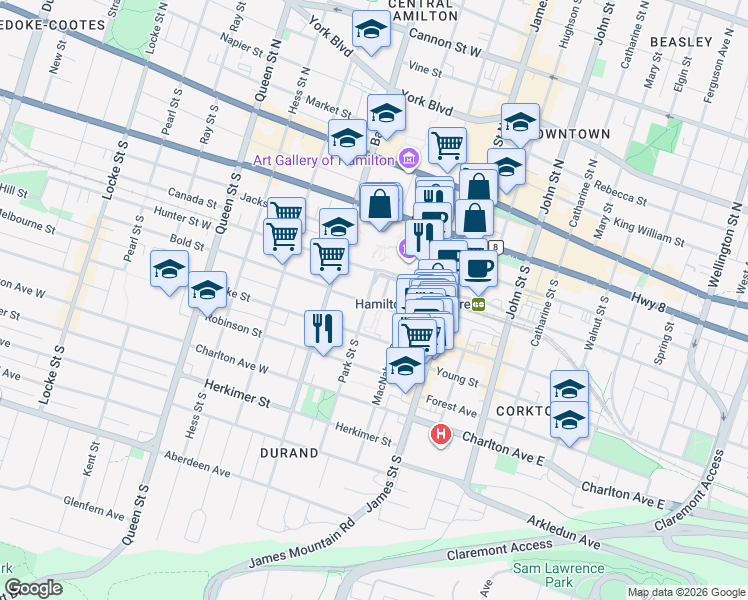 map of restaurants, bars, coffee shops, grocery stores, and more near 3 Bold Street in Hamilton