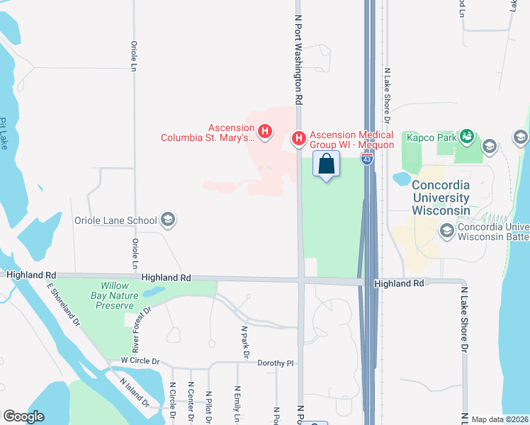 map of restaurants, bars, coffee shops, grocery stores, and more near 13155-13387 North Port Washington Road in Mequon