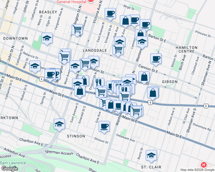 map of restaurants, bars, coffee shops, grocery stores, and more near in Hamilton