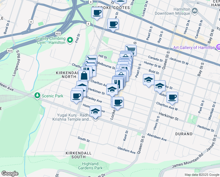 map of restaurants, bars, coffee shops, grocery stores, and more near 343 Charlton Avenue West in Hamilton