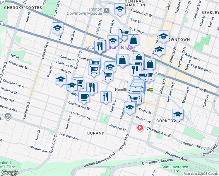 map of restaurants, bars, coffee shops, grocery stores, and more near 93 Bold Street in Hamilton