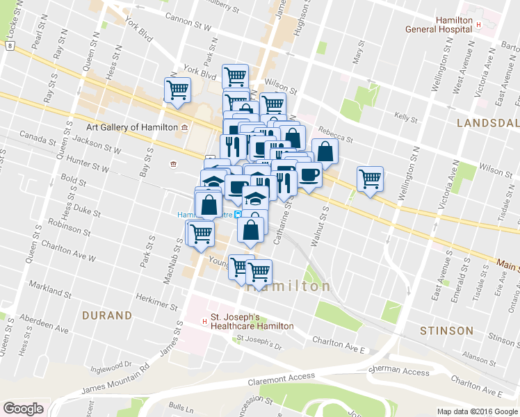 map of restaurants, bars, coffee shops, grocery stores, and more near in Hamilton