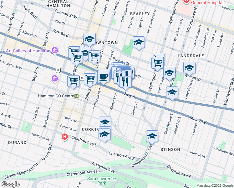 map of restaurants, bars, coffee shops, grocery stores, and more near 49 Walnut Street South in Hamilton
