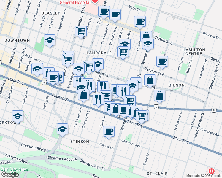 map of restaurants, bars, coffee shops, grocery stores, and more near 29 Steven Street in Hamilton