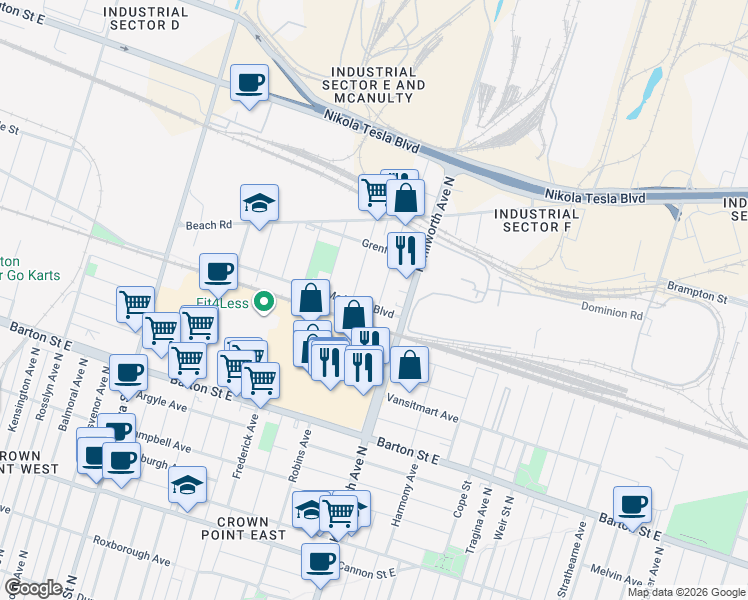 map of restaurants, bars, coffee shops, grocery stores, and more near 7 Stapleton Avenue in Hamilton