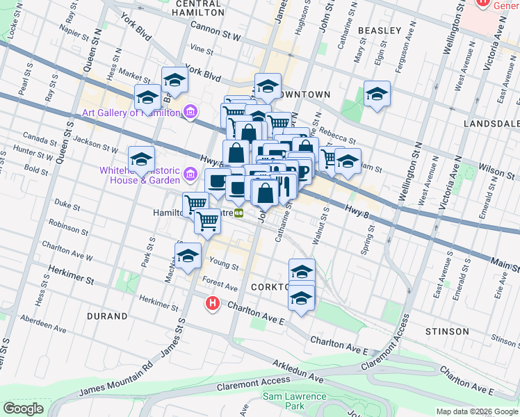 map of restaurants, bars, coffee shops, grocery stores, and more near 90 John Street South in Hamilton