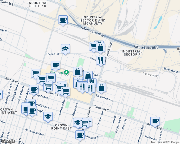 map of restaurants, bars, coffee shops, grocery stores, and more near 167 McAnulty Boulevard in Hamilton