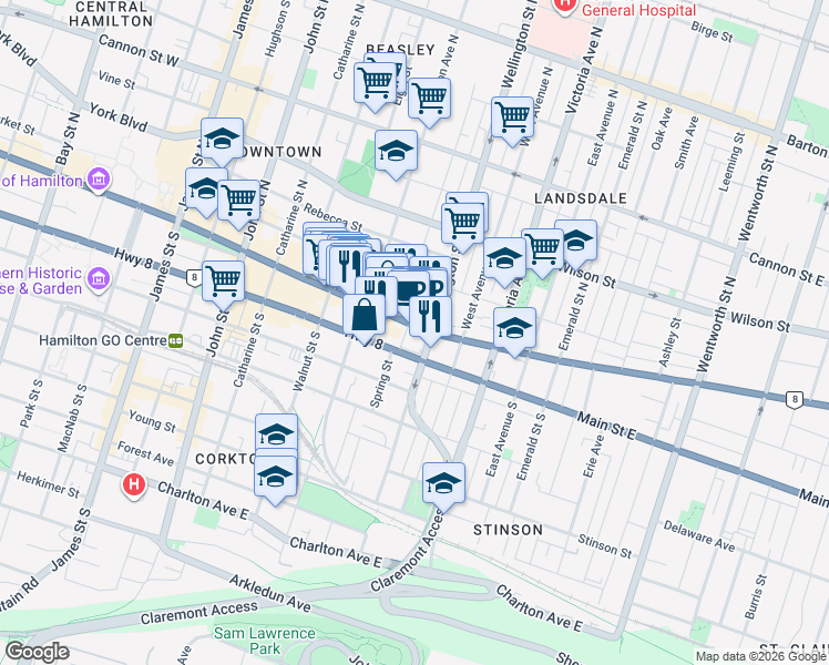 map of restaurants, bars, coffee shops, grocery stores, and more near in Hamilton