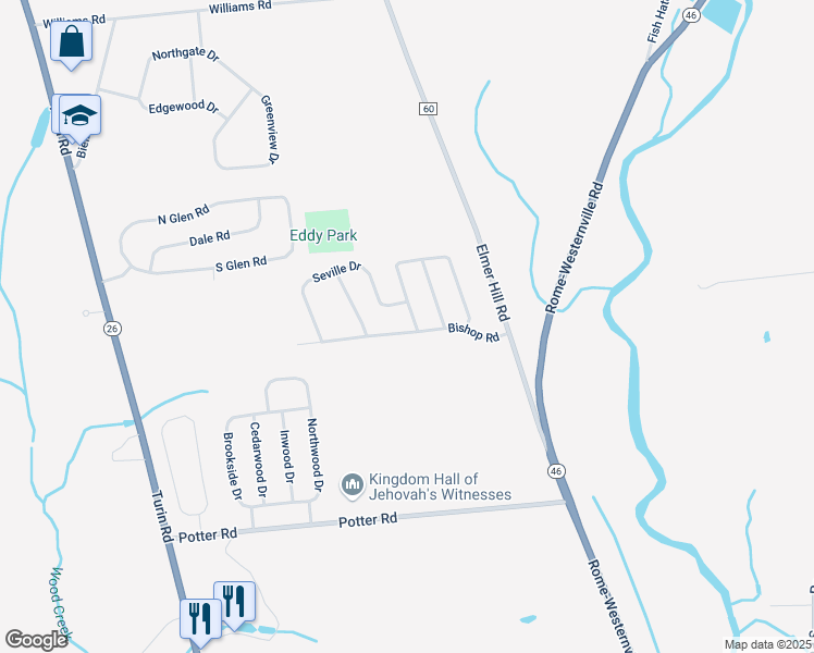 map of restaurants, bars, coffee shops, grocery stores, and more near 6638 Seville Drive in Rome