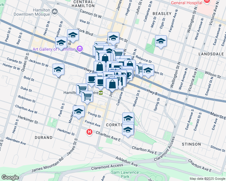 map of restaurants, bars, coffee shops, grocery stores, and more near 85 John Street South in Hamilton