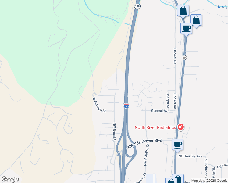 map of restaurants, bars, coffee shops, grocery stores, and more near 3610 Northwest Broad Street in Roseburg