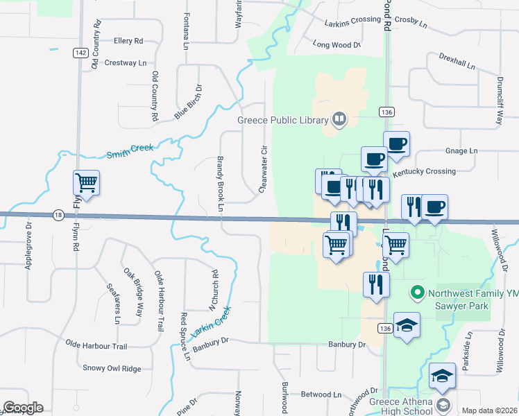 map of restaurants, bars, coffee shops, grocery stores, and more near 57 Clearwater Circle in Rochester