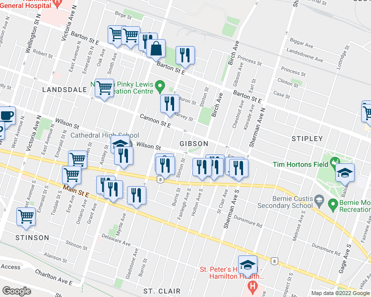 map of restaurants, bars, coffee shops, grocery stores, and more near 21 Hazel Avenue in Hamilton