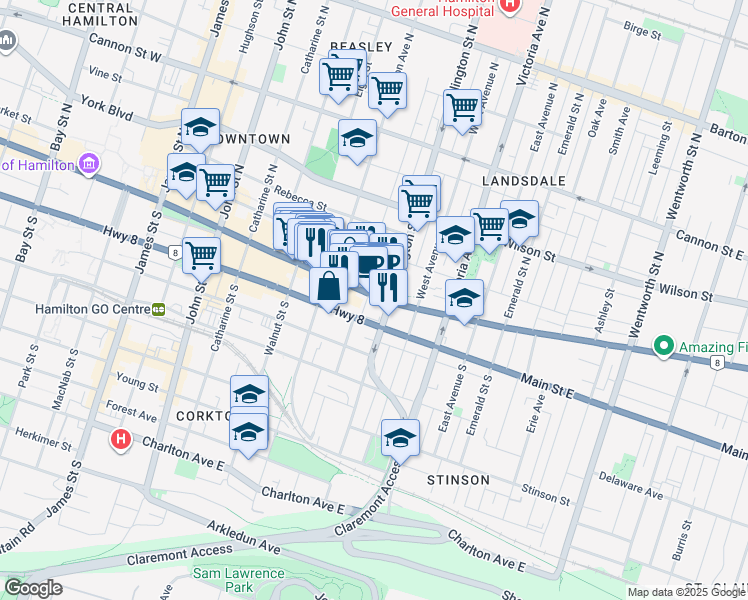 map of restaurants, bars, coffee shops, grocery stores, and more near in Hamilton