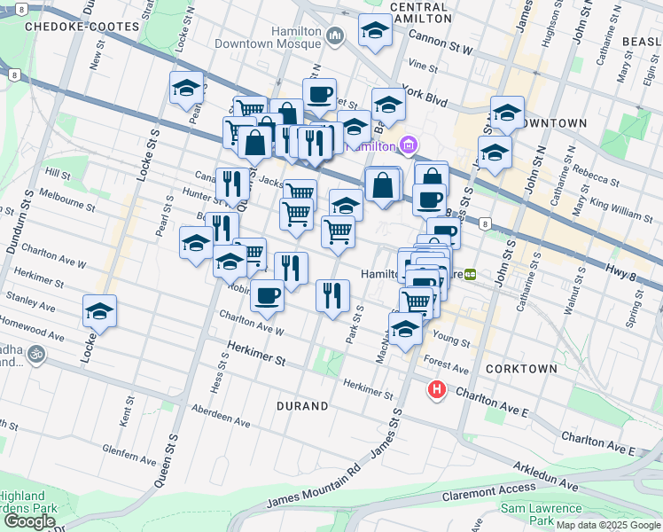 map of restaurants, bars, coffee shops, grocery stores, and more near in Hamilton