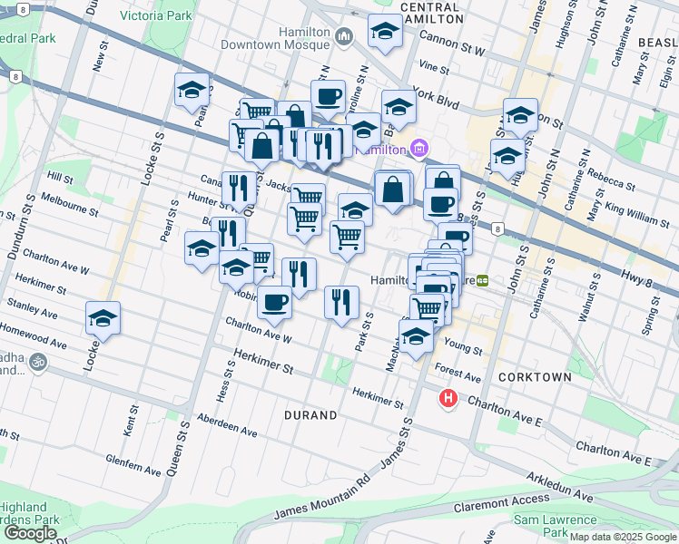 map of restaurants, bars, coffee shops, grocery stores, and more near 125 Bold Street in Hamilton
