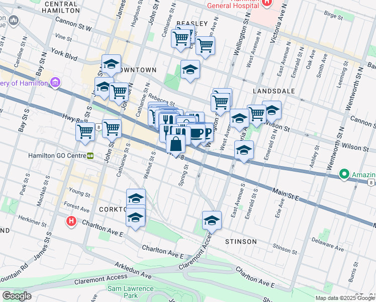 map of restaurants, bars, coffee shops, grocery stores, and more near 304 King Street East in Hamilton