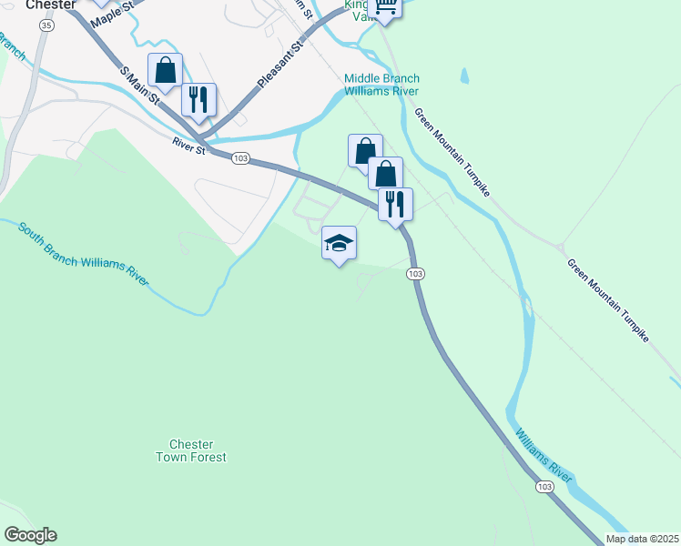 map of restaurants, bars, coffee shops, grocery stores, and more near 716 Vermont 103 in Chester