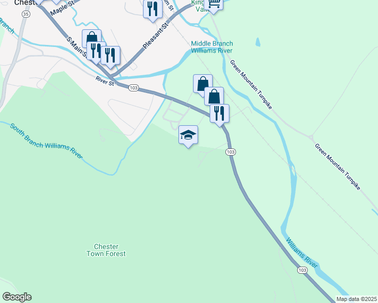 map of restaurants, bars, coffee shops, grocery stores, and more near 716 Vermont 103 in Chester