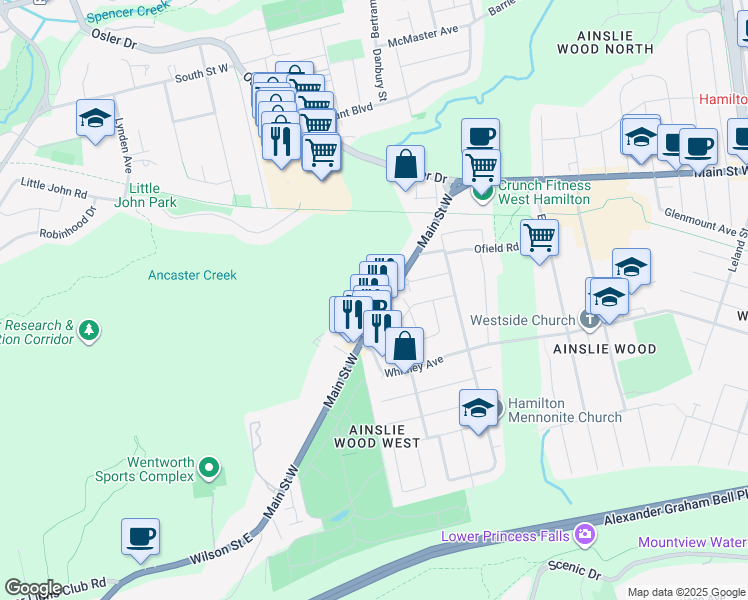 map of restaurants, bars, coffee shops, grocery stores, and more near 1770 Main Street West in Hamilton