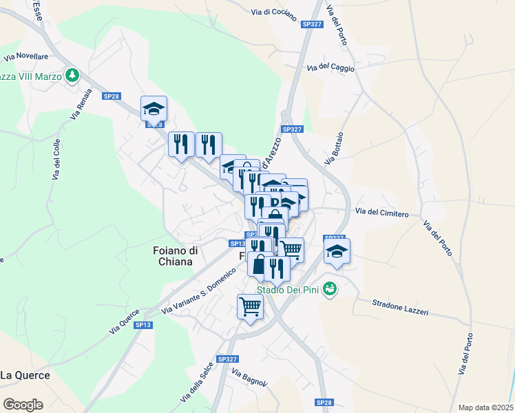 map of restaurants, bars, coffee shops, grocery stores, and more near 7 Strada Provinciale 28 Siena-Cortona in Foiano della Chiana