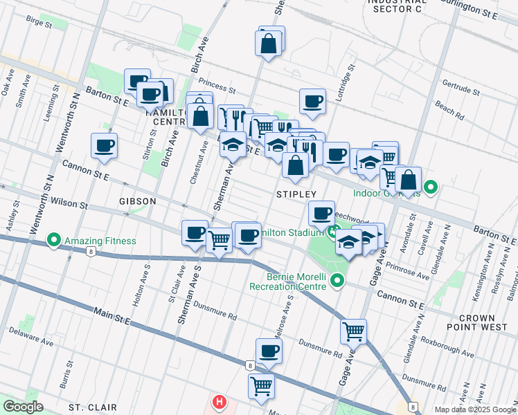 map of restaurants, bars, coffee shops, grocery stores, and more near 52 Rosemont Avenue in Hamilton