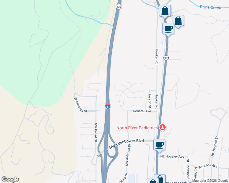 map of restaurants, bars, coffee shops, grocery stores, and more near 508 Shadow Ranch Lane in Roseburg
