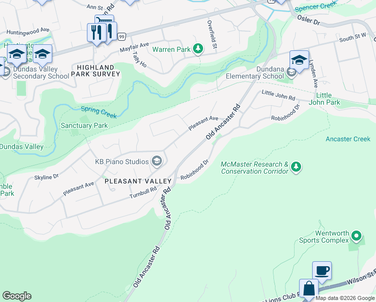 map of restaurants, bars, coffee shops, grocery stores, and more near 172 Old Ancaster Road in Hamilton