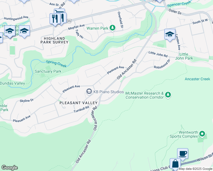 map of restaurants, bars, coffee shops, grocery stores, and more near 172 Old Ancaster Road in Hamilton