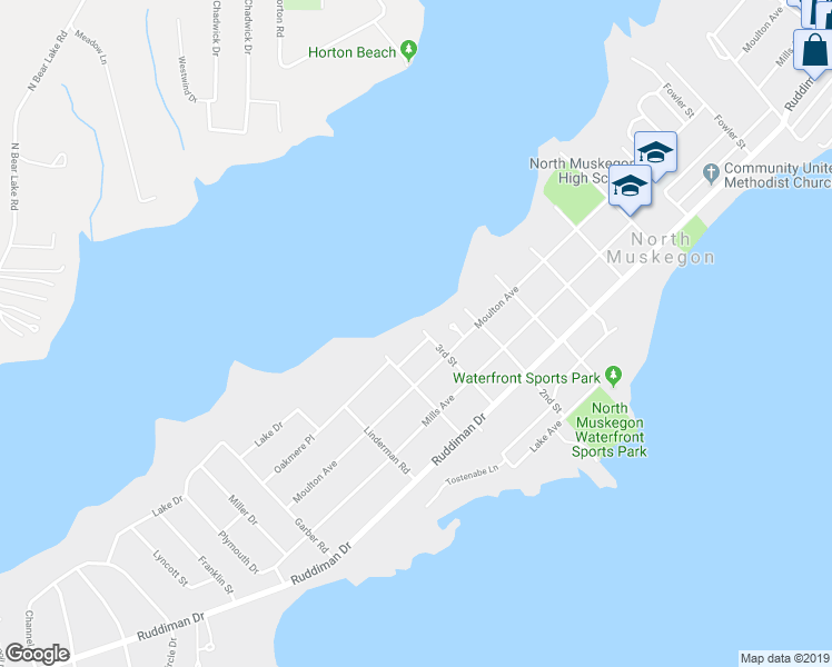 map of restaurants, bars, coffee shops, grocery stores, and more near 922 Oakmere Place in Muskegon