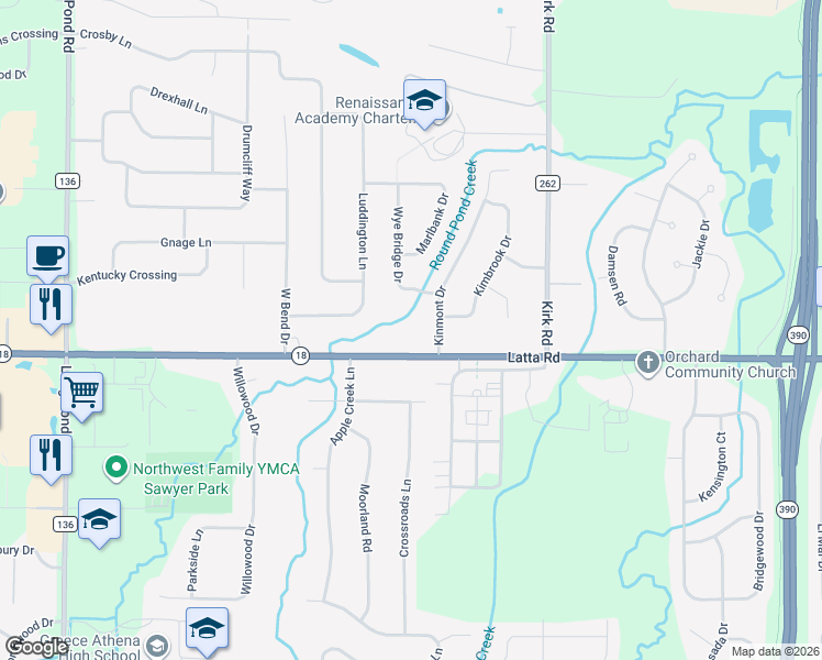 map of restaurants, bars, coffee shops, grocery stores, and more near 2688 Latta Road in Rochester