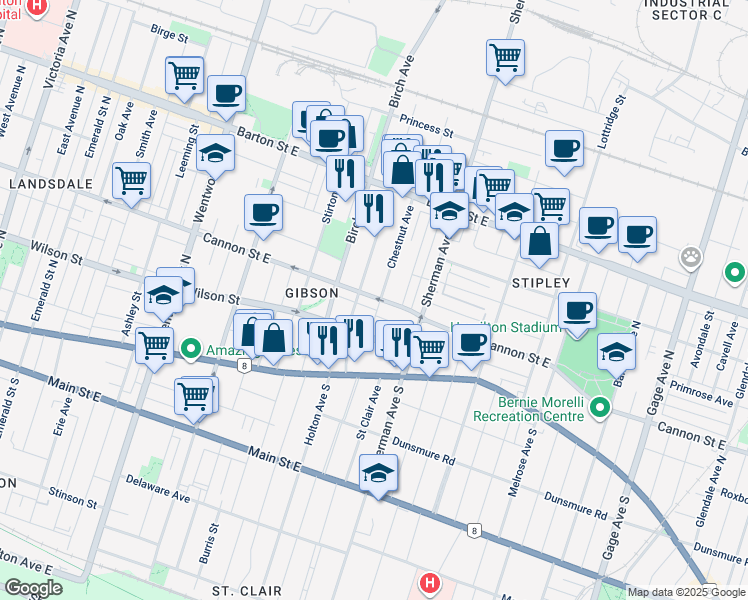 map of restaurants, bars, coffee shops, grocery stores, and more near 44 Chestnut Avenue in Hamilton