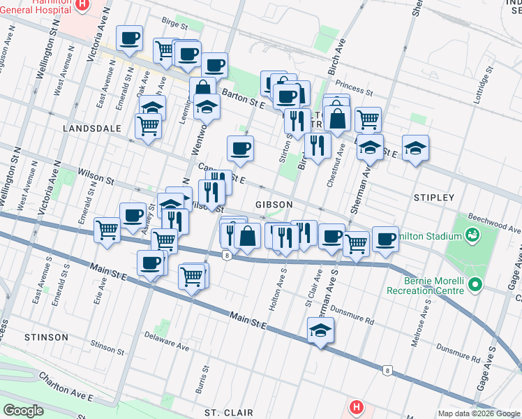 map of restaurants, bars, coffee shops, grocery stores, and more near 21 Hazel Avenue in Hamilton
