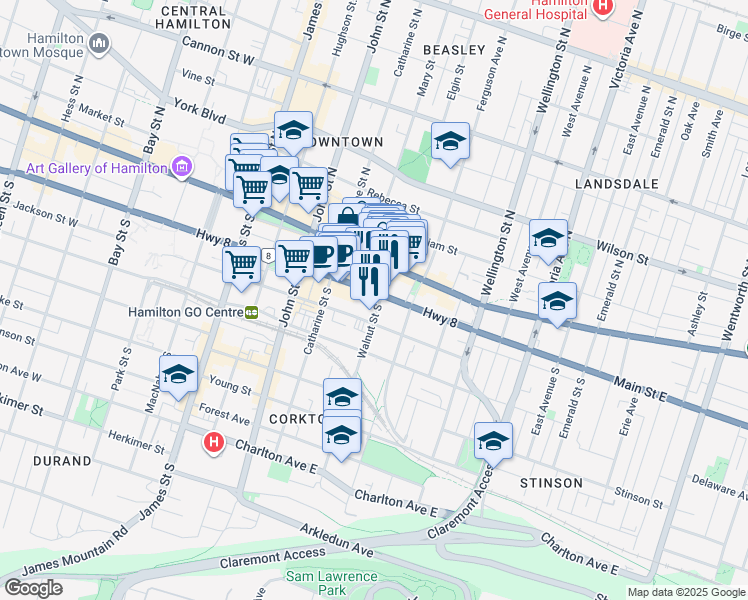 map of restaurants, bars, coffee shops, grocery stores, and more near in Hamilton