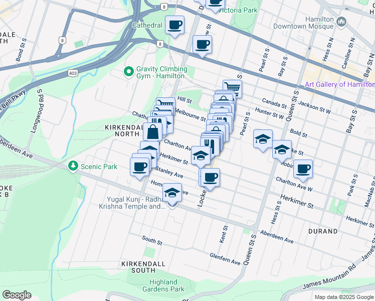 map of restaurants, bars, coffee shops, grocery stores, and more near 363 Charlton Avenue West in Hamilton