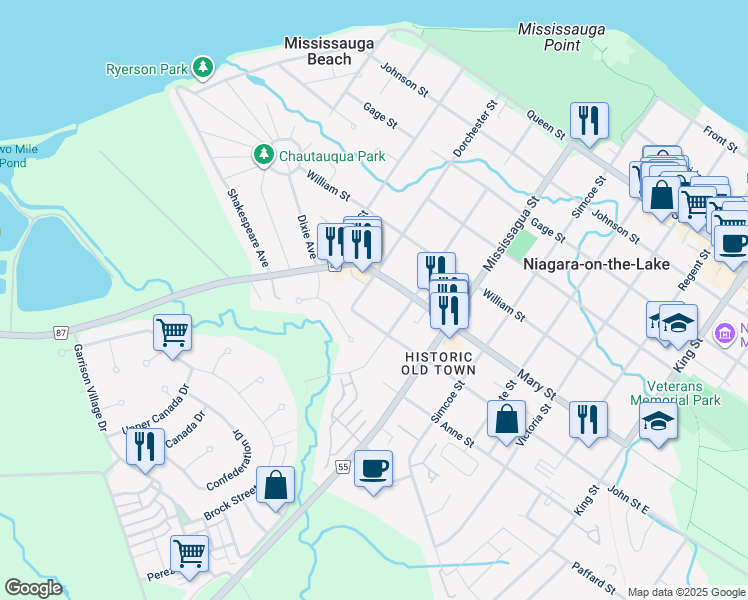 map of restaurants, bars, coffee shops, grocery stores, and more near 468 Dorchester Street in Niagara-on-the-Lake