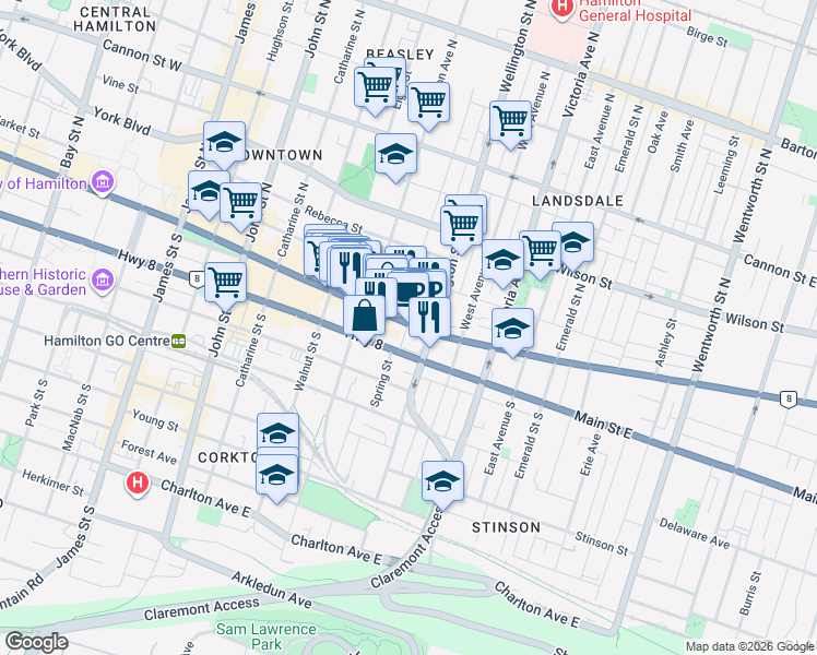 map of restaurants, bars, coffee shops, grocery stores, and more near 310 King Street East in Hamilton