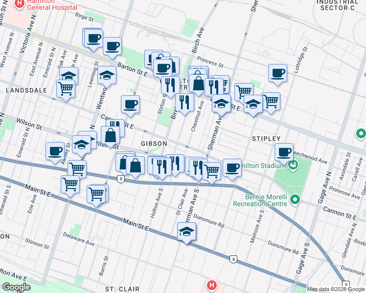 map of restaurants, bars, coffee shops, grocery stores, and more near 578 Cannon Street East in Hamilton